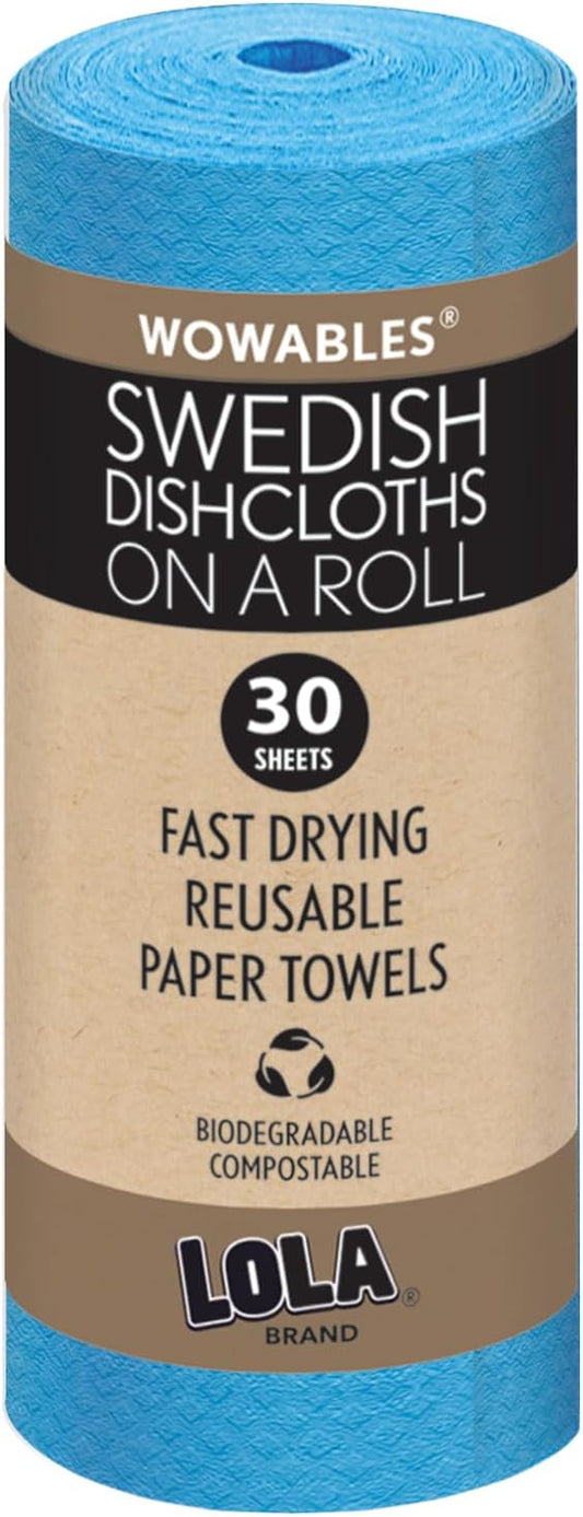 LOLA Swedish Dishcloths on a Roll 30 Pack, Absorbent Eco Friendly Cellulose Sponge Dish Cloths, Reusable Paper Towels, 11" x 10" Made in Germany