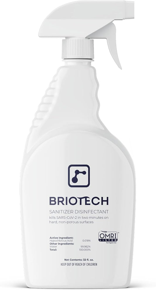 BRIOTECH Sanitizer Disinfectant Hypochlorous Spray, Kills 99.99% of Viruses & Bacteria, Eliminate Odor, Gentle for Nurseries & Play Rooms, Rinse Free Food Contact Surface Sanitizer, 32 fl oz