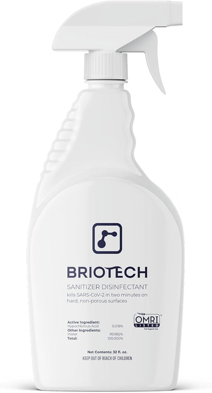 BRIOTECH Sanitizer Disinfectant Hypochlorous Spray, Kills 99.99% of Viruses & Bacteria, Eliminate Odor, Gentle for Nurseries & Play Rooms, Rinse Free Food Contact Surface Sanitizer, 32 fl oz