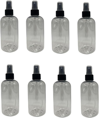 Natural Farms 8 oz Plastic Clear Boston BPA FREE Bottles - 8 Pack Empty Refillable Containers - Essential Oils Cleaning Products - Aromatherapy - Black Fine Mist Sprayers - Made in the USA