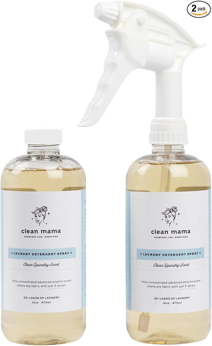 Clean Mama Laundry Detergent Spray & Pre-Treater - Natural Laundry Detergent Soap for Sensitive Skin - Eco-Friendly, HE Compatible - Clean Laundry Scent - 64+ Loads of Laundry, Starter + Refill, 16 oz
