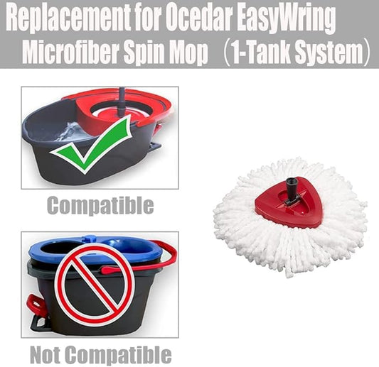 Spin Mop Head, Base, Handle Replacement for O-Ceda EasyWring Microfiber Spin Mop, 2 Microfiber Mop Refills, 1 Triangle Mops Head Cover and 30-58in Mop Handle Set Combo (White(1 Tank System))