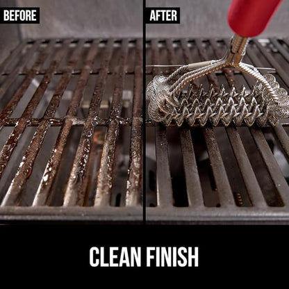 GORILLA GRIP Heavy Duty No Bristle Triple Helix Grill Brush with Scraper for Outdoor Grills, Safe Steam Cleaning, Oversized Comfortable Handle Grip with Bottle Opener, BBQ Tools, 17.5 Inch, Red