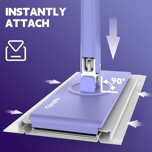 ClicLak Sweeper Mop, Instantly Attach & Remove Cloth Touch-Free, Compatible with Swiffer Pads, Clamp Clip Dust Mop with 10 Dry Cloth for Kitchen House Wood Hardwood Vinyl Tile Floor Wall Cleaning