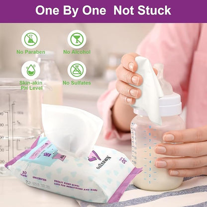 Breast Pump Wipes, 3 Packs Natural Pump Cleaning Wipes On The Go, Resealable Manual Pacifier Wipes Quick Clean Breastfeeding Supplies