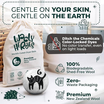 No More Dryer Sheets - Wool Dryer Balls - XL 6-Pack - Eco Dryer Balls - Dryer Balls Laundry Reusable - Softens Laundry Naturally - Reduces Drying Time & Static - with Storage Bag