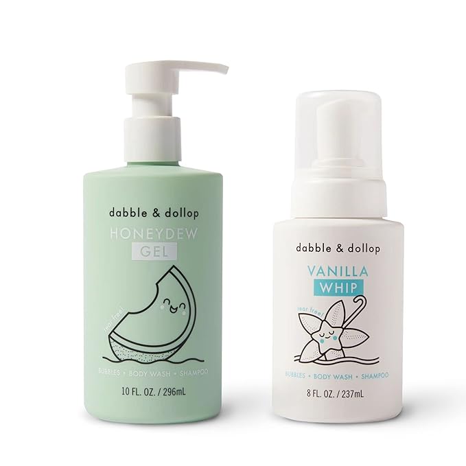 Dabble & Dollop Honeydew Melon + Vanilla Body Wash & Shampoo - 3 in 1 Natural Bubble Bath for Kids, USA-Made, Paraben & Sulfate Free, Vegan, Gluten-Free, Tear-Free (Pack of 2)