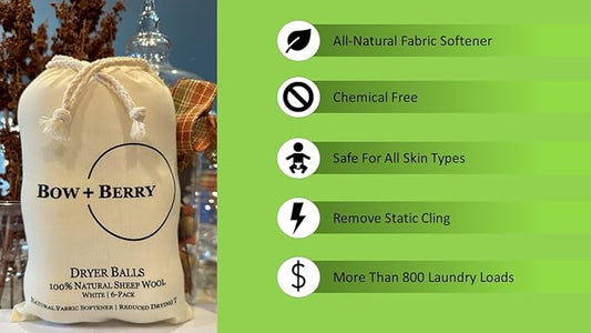 Bow+Berry XL Premium Natural Sheep Wool Dryer Balls - 6-Pack - Chemical-Free - Replace Liquid Fabric Softener and Dryer Sheets - Wool Balls for Dryer - Laundry Balls for Dryer
