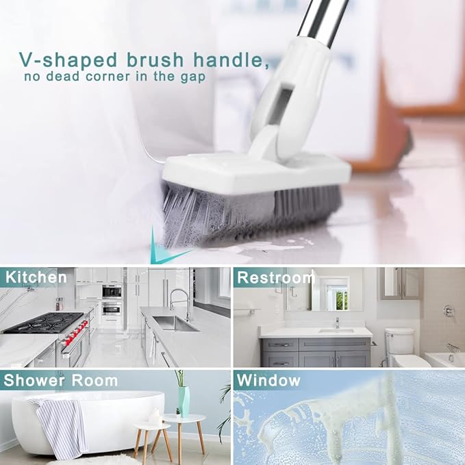 Affogato Floor Scrub Brush Bathroom Long Handle Bathtub Push Broom Shower Tile Grout Scrubber Rotatable Indoor Kitchen Scrubbing Cleaning Brush for Hard to Reach Areas - White