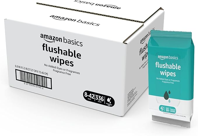 Amazon Basics Flushable Adult Toilet Wipes, Fragrance Free, 42 Count (Pack of 8) (Total 336 wipes) (Previously Solimo)