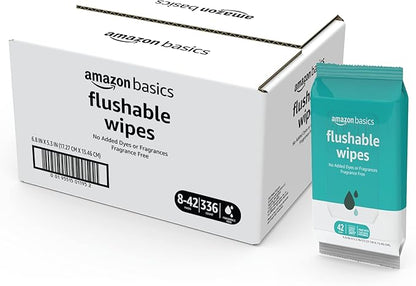 Amazon Basics Flushable Adult Toilet Wipes, Fragrance Free, 42 Count (Pack of 8) (Total 336 wipes) (Previously Solimo)