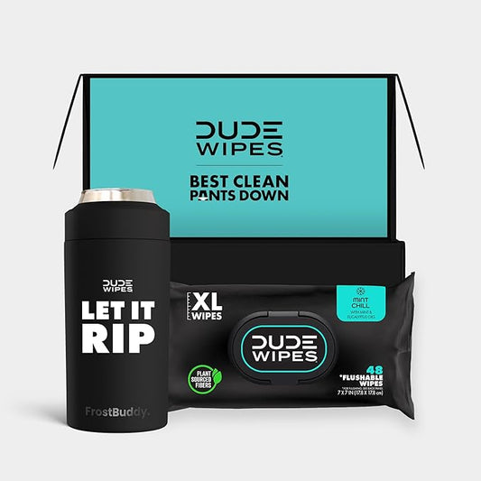 DUDE Wipes - FrostBuddy Universal Can Cooler + Extra-Large Flushable Wet Wipes - 1 Pack, 48 Wipes - Mint Chill - Gifts for Men