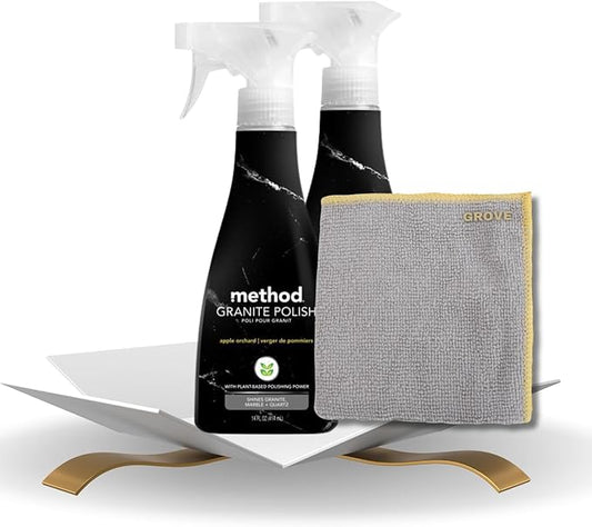 Method Apple Orchard Scent Granite Polish Spray 14 oz Bundle with Microfiber Cloth - Granite Countertop Cleaner - Plant-Based Marble & Quartz Cleaner for Shiny Surfaces - (3 Items)