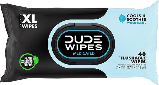 DUDE Wipes - Medicated Flushable Wipes - 1 Pack, 48 Wipes - Unscented Extra-Large Adult Wet Wipes - Medicated Witch Hazel - Septic and Sewer Safe Medicated Wipes