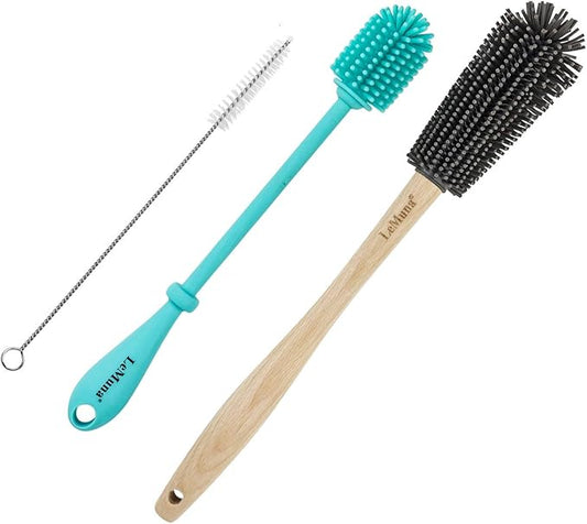 LeMuna Silicone Bottle Brushes Set (Including 1 Wooden Handle Water Bottle Cleaner Brush, 1 Silicone Brush & 1 Straw Brush) for Hydro Flask, Sports Bottle, Glassware