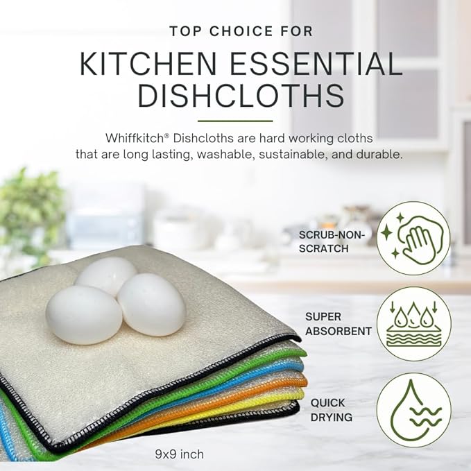 Whiffkitch Dishcloths & Towels for Kitchen – Drying, Absorbent, Washcloths, Durable, Non-Scratch, Multi-Surface Cleaning, 9x9 Inches Multi Color, 6 Pack