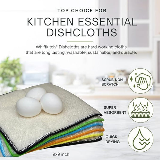 Whiffkitch Dishcloths & Towels for Kitchen – Drying, Absorbent, Washcloths, Durable, Non-Scratch, Multi-Surface Cleaning, 9x9 Inches Multi Color, 6 Pack