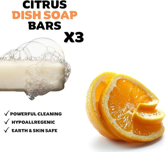 Citrus Essential Oil Dish Soap Bar - Organic - Pack of 3 (3.8 oz each), Skin-Safe, Non-Toxic, Sustainable Kitchen Soap - Zero Waste