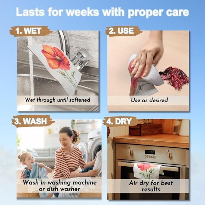 Swedish Dishcloths - Ecofriendly Reusable Paper Towels, Biodegradable Dish Cloths - Cellulose Sponge Dish Cloths for Washing Dishes - 8 Pack (Floral)