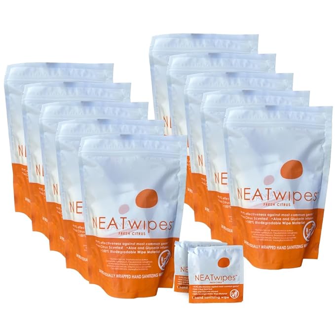 NEATwipes Hand Sanitizing Wipes | Travel Essentials | Disposable Wet Wipe & Planet Friendly | Fresh Citrus Essential Oil | 10 Pouches of 24 Individually Wrapped Wipes