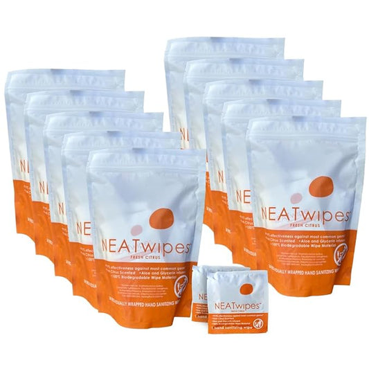 NEATwipes Hand Sanitizing Wipes | Travel Essentials | Disposable Wet Wipe & Planet Friendly | Fresh Citrus Essential Oil | 10 Pouches of 24 Individually Wrapped Wipes