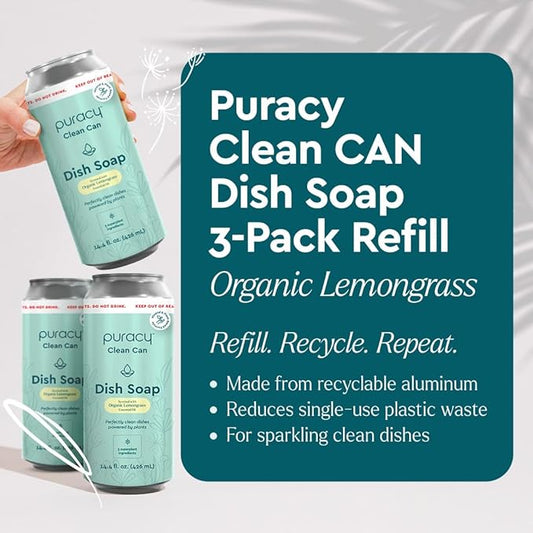 Puracy Natural Dish Soap Clean Can Refill - Plant-Based Dishwashing Soap, Non-Toxic Dish Soap, Natural Liquid Dishwashing Detergent Soap As Seen on TikTok (Organic Lemongrass, 14.4 fl oz, 3 Pack)