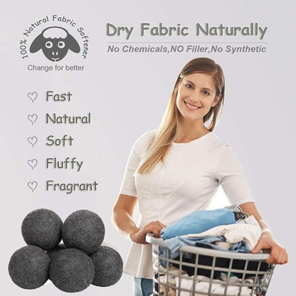 Wool Dryer Balls Dark Grey XL 6-Pack, 100% New Zealand Organic Fabric Softener for 1000+ Loads, Baby Safe & Hypoallergenic, Reduce Wrinkles & Shorten Drying Time Naturally (6pcs Grey-XL)