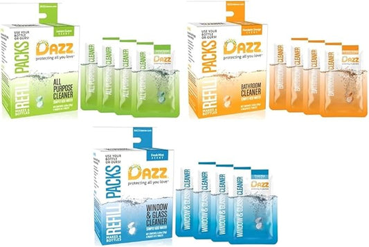 Dazz Whole House Refill Pack (4 Of Each Product - 12 Total) Natural Cleaning Tablets - All Purpose Cleaner, Glass and Window Cleaner, and Bathroom Cleaner - Eco Friendly, Non Toxic