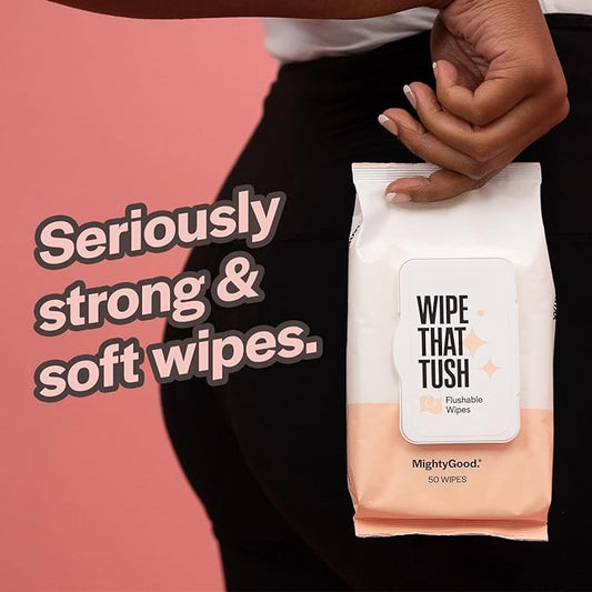 Wipe That Tush Flushable Wipes - 2 Packs of 50, 100 Total - Hypoallergenic & Fragrance-Free With Aloe - Septic-Safe