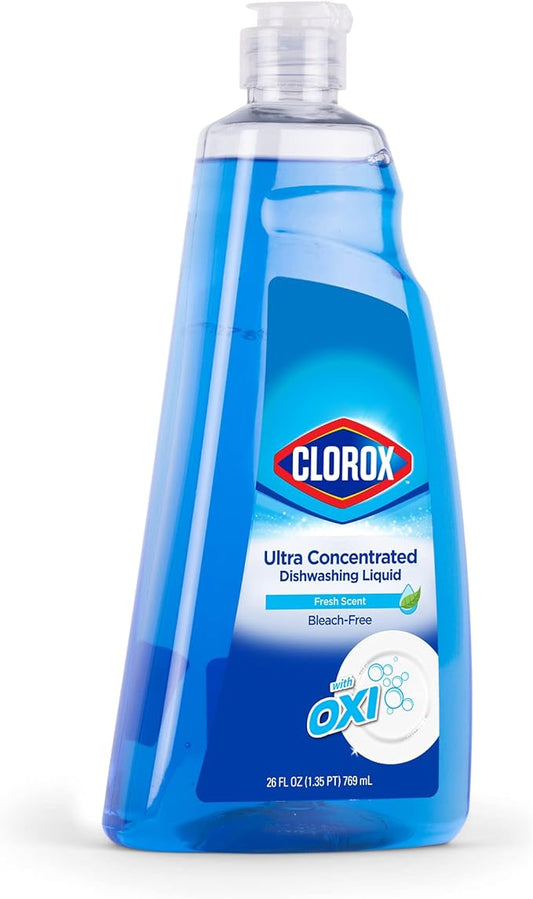 Clorox Ultra Concentrated Dishwashing Liquid Dish Soap with Oxi, Fresh Scent - Bleach Free Dish Washing Soap for Kitchen Dishes for Cleaning Grease, Dish Detegent Liquid Squeeze Bottle, 26 Fl Oz