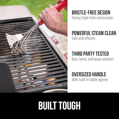 GORILLA GRIP Heavy Duty No Bristle Triple Helix Grill Brush with Scraper for Outdoor Grills, Safe Steam Cleaning, Oversized Comfortable Handle Grip with Bottle Opener, BBQ Tools, 17.5 Inch, Red