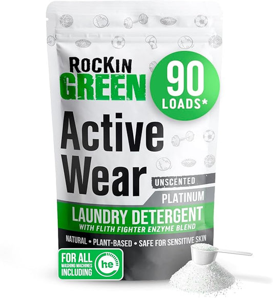 Rockin' Green Laundry Detergent, Plant based, All Natural Laundry Detergent Powder, Vegan and Biodegradable Odor Fighter, Safe for Sensitive Skin (Active Wear 90 Loads - Unscented)