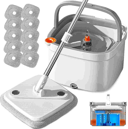 Spin Mop and Bucket Set with Self Separation System 360° Spinning Self-Wringing, Square Clean Mop and Bucket with Wringer-with Replaceable Mop (Light Grey Mop and Bucket Set 10pads)
