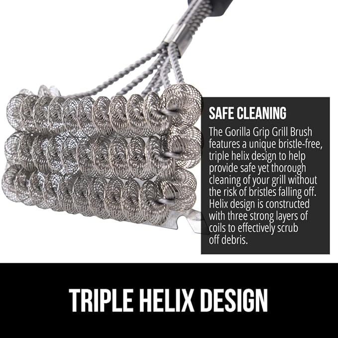GORILLA GRIP Heavy Duty No Bristle Triple Helix Grill Brush with Scraper for Outdoor Grills, Safe Steam Cleaning, Oversized Comfortable Handle Grip with Bottle Opener, BBQ Tools, 17.5 Inch, Black