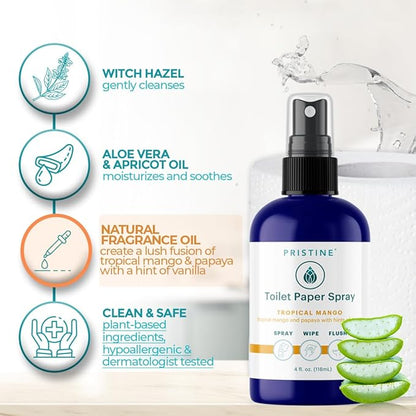 Toilet Paper Spray - As Seen on Shark Tank, More Natural Personal Cleansing Wipes & Flushable Wet Wipes Alternative, Spray Toilet Paper to Create Flushable Wipe, Tropical Mango, 4 fl oz