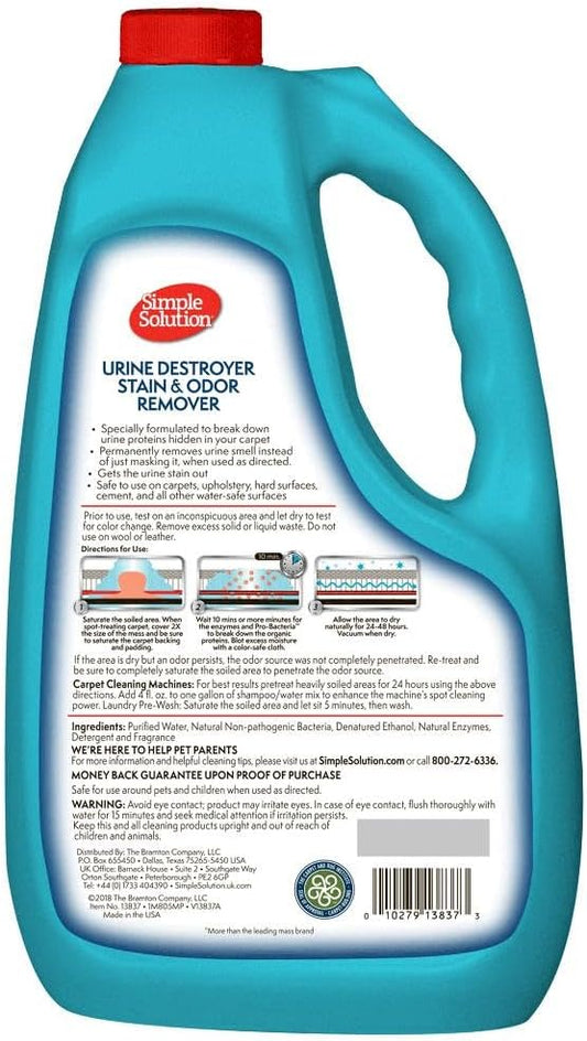 Simple Solution Urine Destroyer for Pets, Strong Odor, Enzyme Pet Odor Eliminator for Home, Floor Cleaner, Stain Remover for Cats & Dog Pee, Cat Urine Destroyer, Carpet Cleaner Spray, 1 Gallon