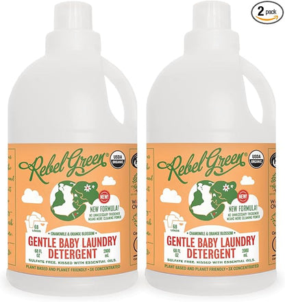 Rebel Green Organic Baby Laundry Detergent - Natural Laundry Soap - Liquid Laundry Detergent - Gentle Laundry Detergent - Chamomile & Orange Blossom Scent - (68 Load Bottles, 2 Pack)