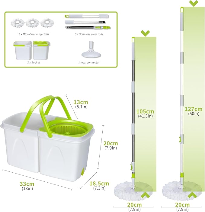 Masthome Small Spin Mop,Mop and Bucket Set,Microfiber Spin Mops with Bucket Detachable |Easy to Store|Adjustable Stainless Handle|3 Microfiber Heads|Mop and Bucket with Wringer Set for Home
