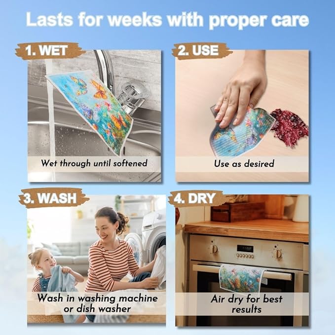 Swedish Dishcloths - Ecofriendly Reusable Paper Towels, Biodegradable Dish Cloths - Cellulose Sponge Dish Cloths for Washing Dishes - 8 Pack (Butterfly)