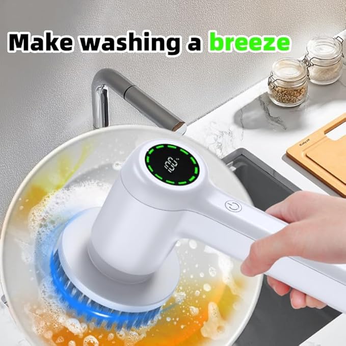 Electric Handheld Spin Scrubber, 2024 New IPX7 Waterproof, Cordless Portable Brush, 5 Replaceable Brush Heads, LCD Display, Kitchen Dish Washing, Bathroom/Wall Gap, Floor/Home Effortless Cleaning