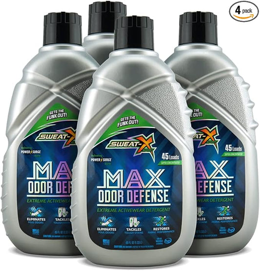 Sweat X Original Max Odor Defense Laundry Detergent – Remove the Worst Odors & Toughest Stains – High Performance Sports Wash for Training Gear & All Fabric Types – 45 Loads – 4 Pack