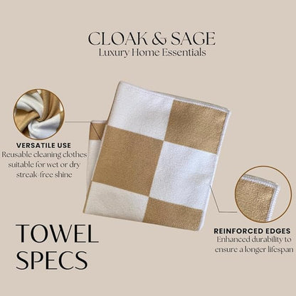 Cloak & SAGE 13" x 13" Luxury Microfiber Cleaning Cloths | Latte – 4 Pack | Premium Checkered All-Purpose Microfiber Towels for Cleaning Glass, Kitchens, Bathrooms, Automotive, & Supplies (4, Latte)
