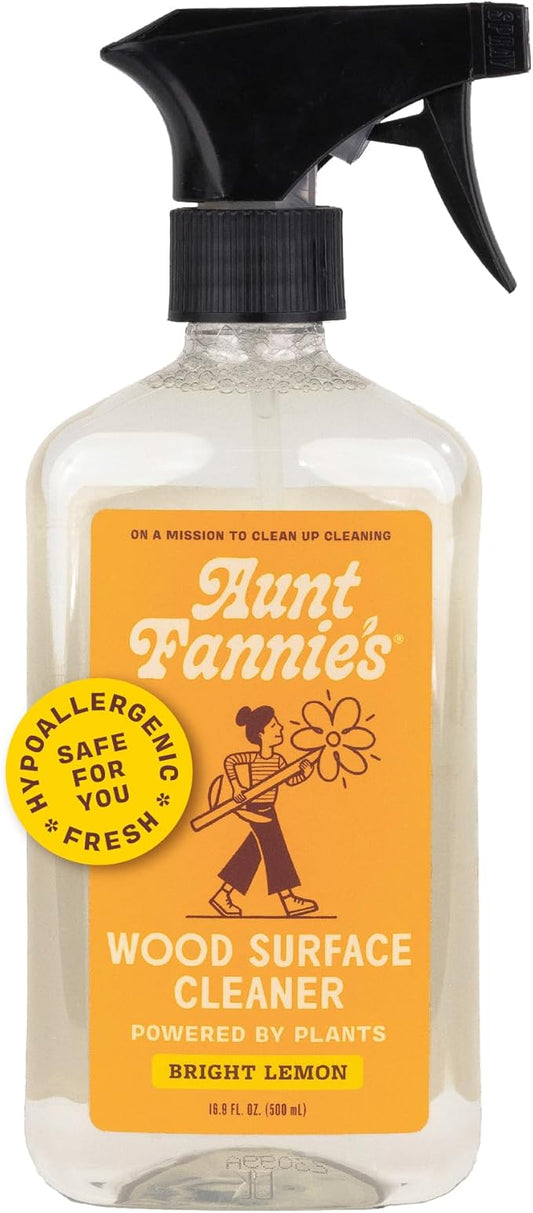 Aunt Fannie's All Purpose Wood Spray Cleaner, No-Wax Formula, Perfect for Wood Tables, Walls, Counters & Shelves, 16.9 Ounces, Lemon Scent (Pack of 1)