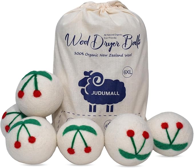 Wool Dryer Balls XL 6Pack Cherry Eco Dryer Balls Dryer Balls Laundry Reusable Softens Laundry Naturally Reduces Drying Time & Static No More Dryer Sheets with Storage Bag