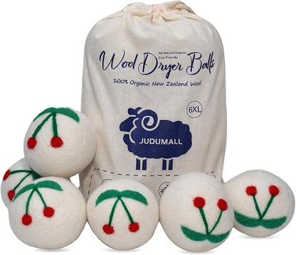 Wool Dryer Balls XL 6Pack Cherry Eco Dryer Balls Dryer Balls Laundry Reusable Softens Laundry Naturally Reduces Drying Time & Static No More Dryer Sheets with Storage Bag