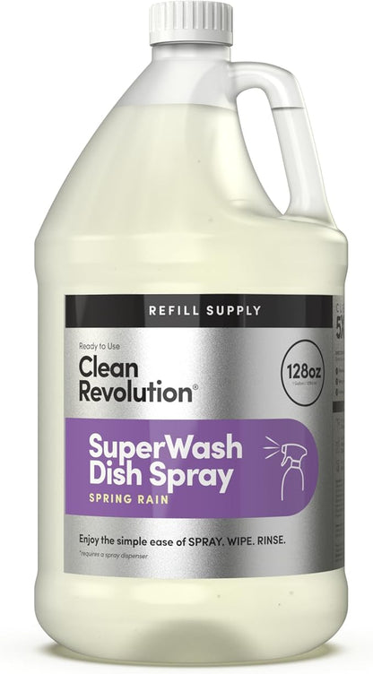 Clean Revolution Dish Spray, Refill Supply, Powerful Formula Cuts Through Grease, Spring Rain, 128 Fl Oz