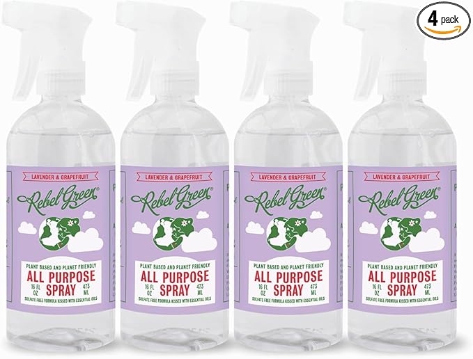Rebel Green Natural All-Purpose Cleaning Spray - Essential Oil Multi-Surface Cleaner - Kid Safe, Pet Safe & Sustainable Cleaning Products - Lavender & Grapefruit Scent - (16 Ounce Bottles, 4 Pack)