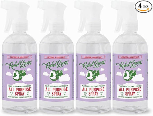 Rebel Green Natural All-Purpose Cleaning Spray - Essential Oil Multi-Surface Cleaner - Kid Safe, Pet Safe & Sustainable Cleaning Products - Lavender & Grapefruit Scent - (16 Ounce Bottles, 4 Pack)