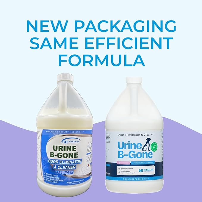 KINZUA ENVIRONMENTAL Urine B-Gone, Professional Enzyme Odor Eliminator & Pet Stain Remover, Human, Cat & Dog Urine Cleaner, Effective on Laundry, Carpets & More, Lavender Scent, 1 Gallon