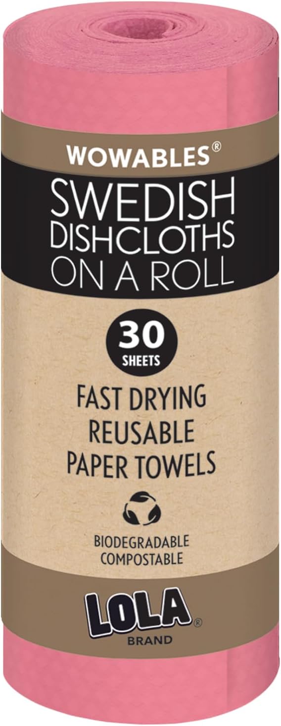 LOLA Swedish Dishcloths on a Roll, 30 Pack, Absorbent Eco Friendly Cellulose Sponge Dish Cloths, Reusable Paper Towels, 11" x 10" Made in Germany